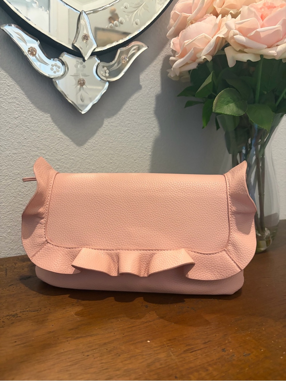 Kaarli Blue Pink Ruffle Clutch